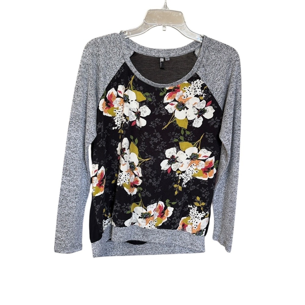 KUT from the Kloth Womens Floral Mixed Media Raglan Top Gray Black M Cozycore